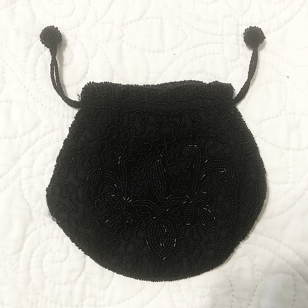Vintage Mini Black Beaded Drawstring Purse, Handmade, Pre-owned